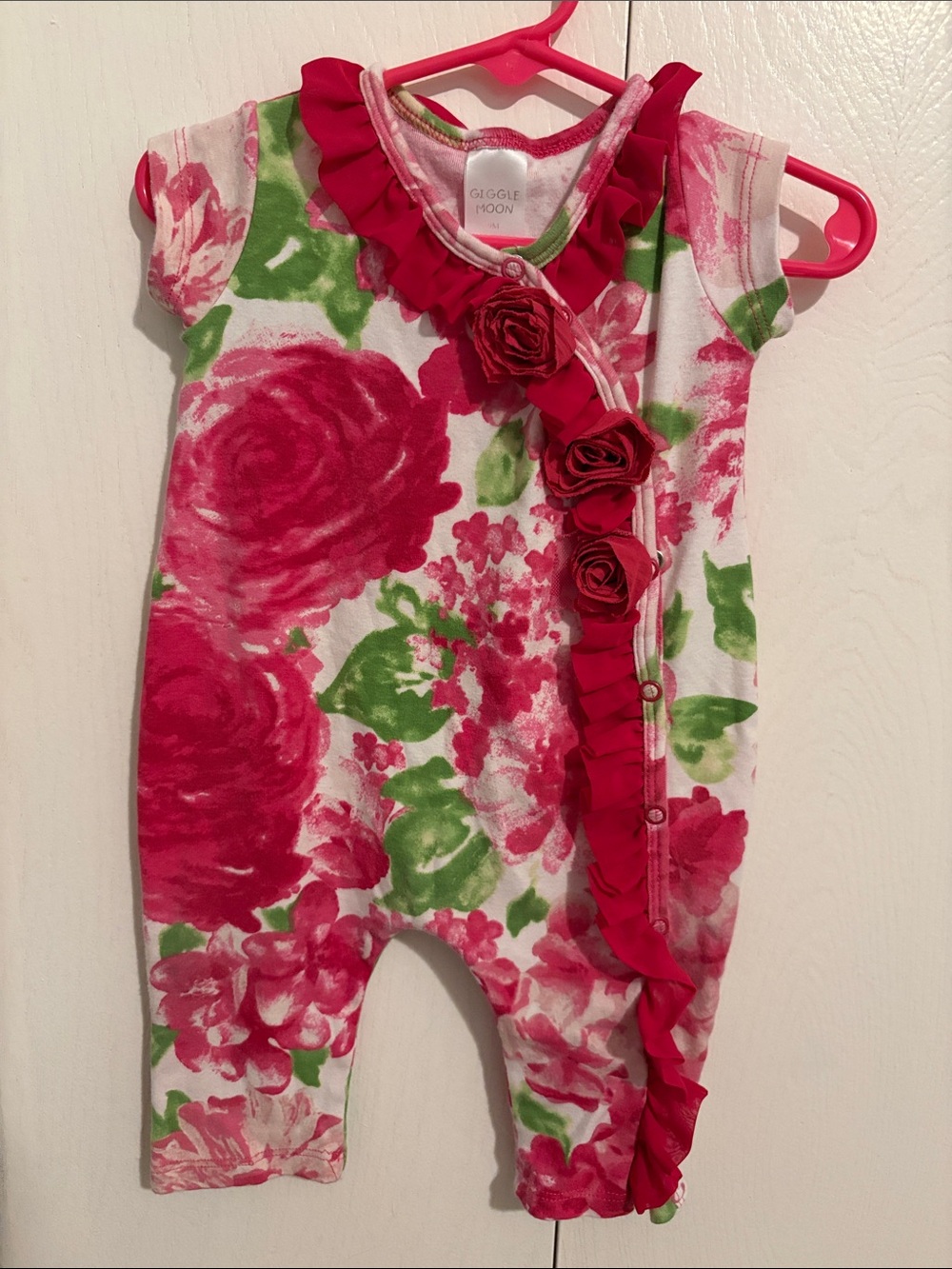 Giggle Moon Hot Pink & Green Floral Ruffle Footie